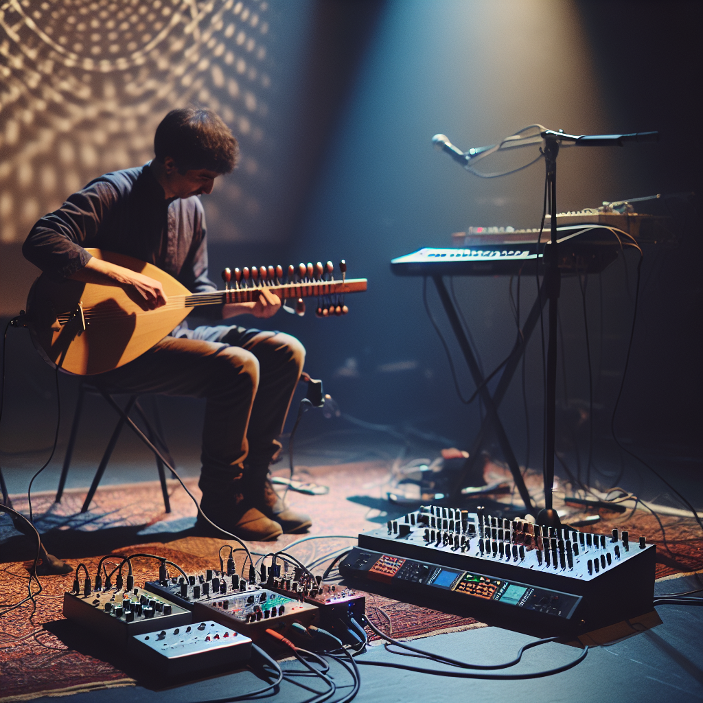 Experimental folk musician blending dutar and modular synth on theatrical, intimate stage